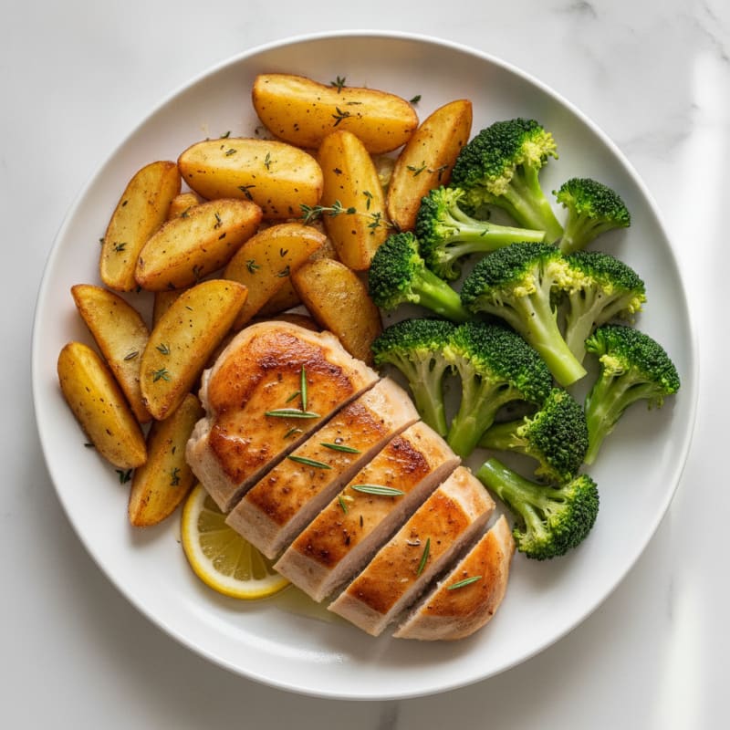 Pan-Seared Chicken Breast with Herbed Potato Wedges and Steamed Broccoli