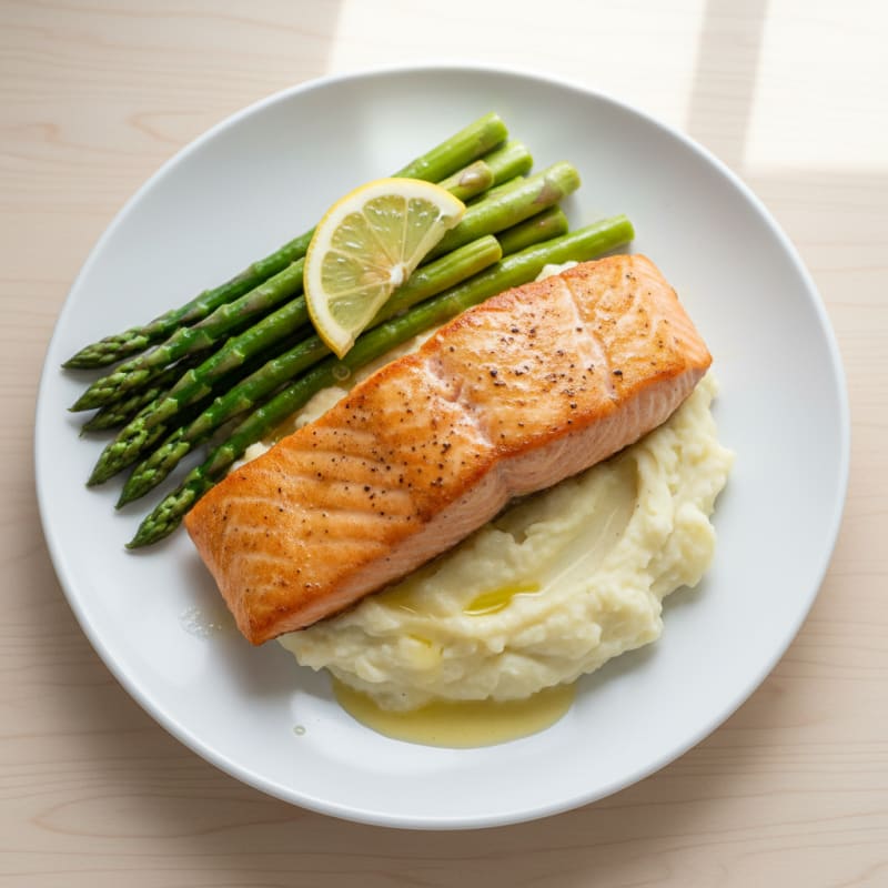 Seared Salmon with Creamy Garlic Mashed Potatoes and Steamed Asparagus