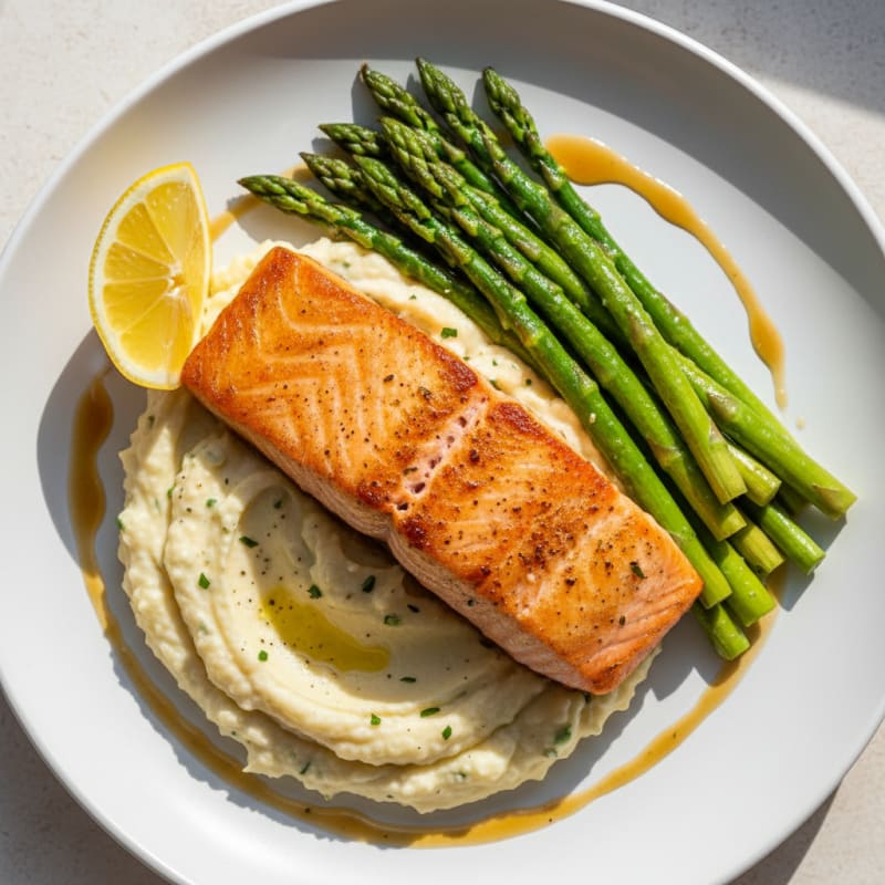 Seared Salmon with Steamed Asparagus and Cauliflower Mash