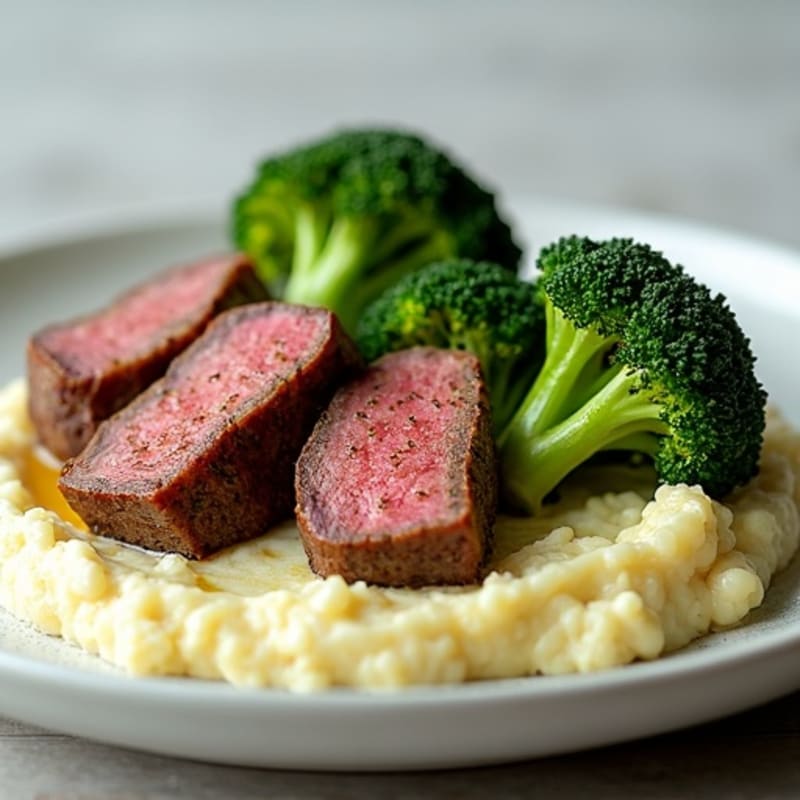 Seared Lean Beef Strips with Roasted Broccoli and Cauliflower Mash