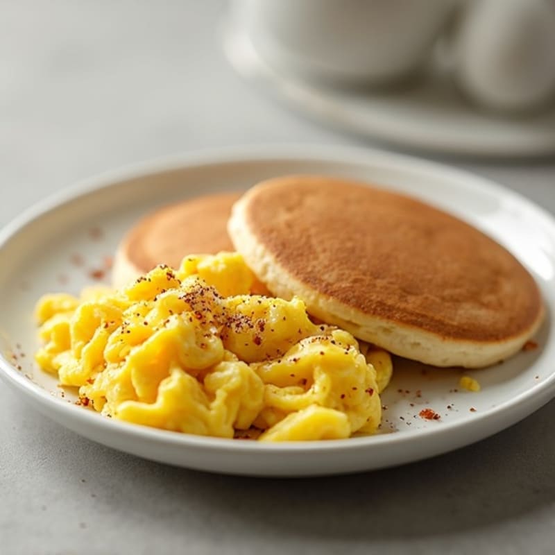 Fluffy Scrambled Eggs with Whole Grain Biscuit and Protein Pancakes