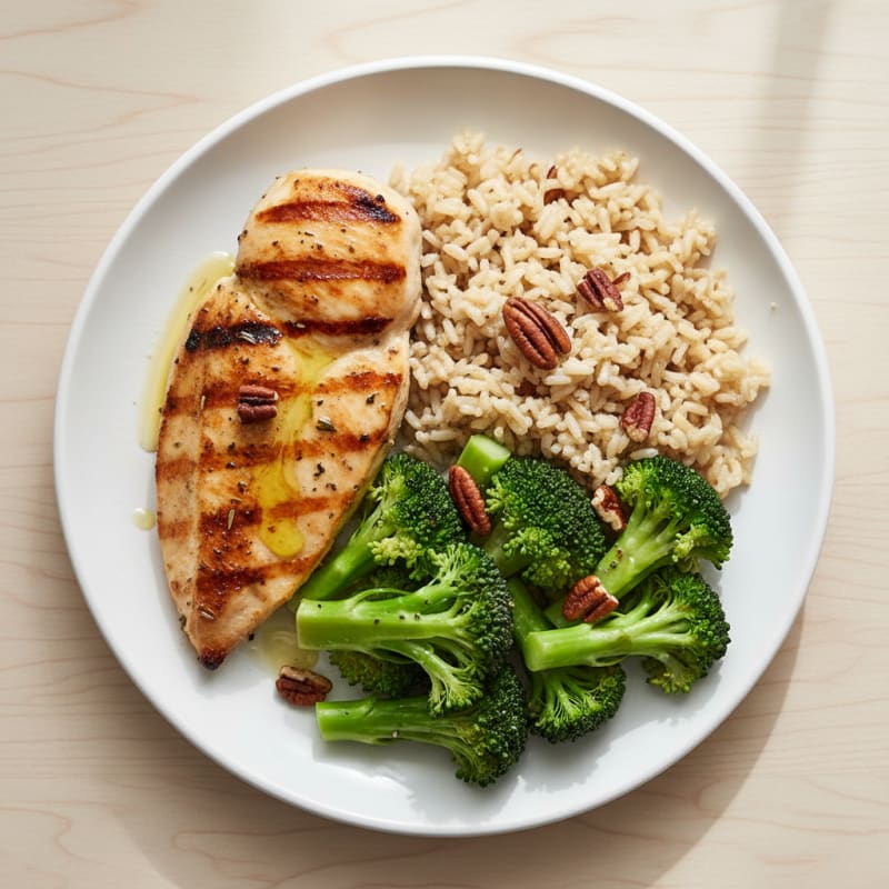 Grilled Chicken Breast with Steamed Broccoli and Rice