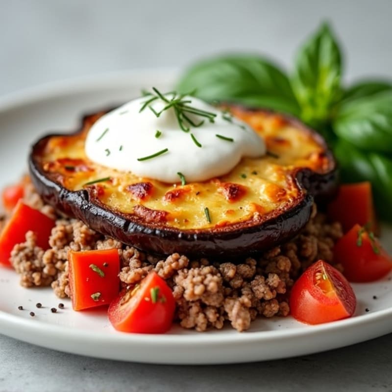 Herb-Spiced Lean Ground Beef and Roasted Eggplant Bake with Creamy Topping