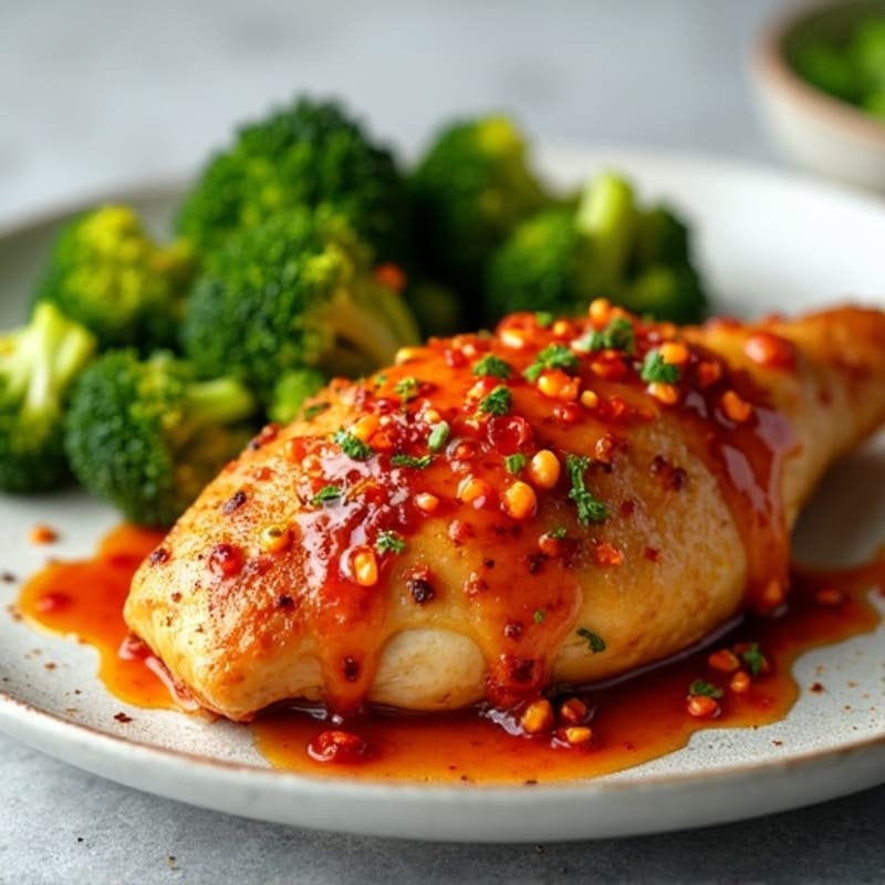 Crispy Baked Chicken with Sweet and Spicy Garlic Sauce and Roasted Broccoli
