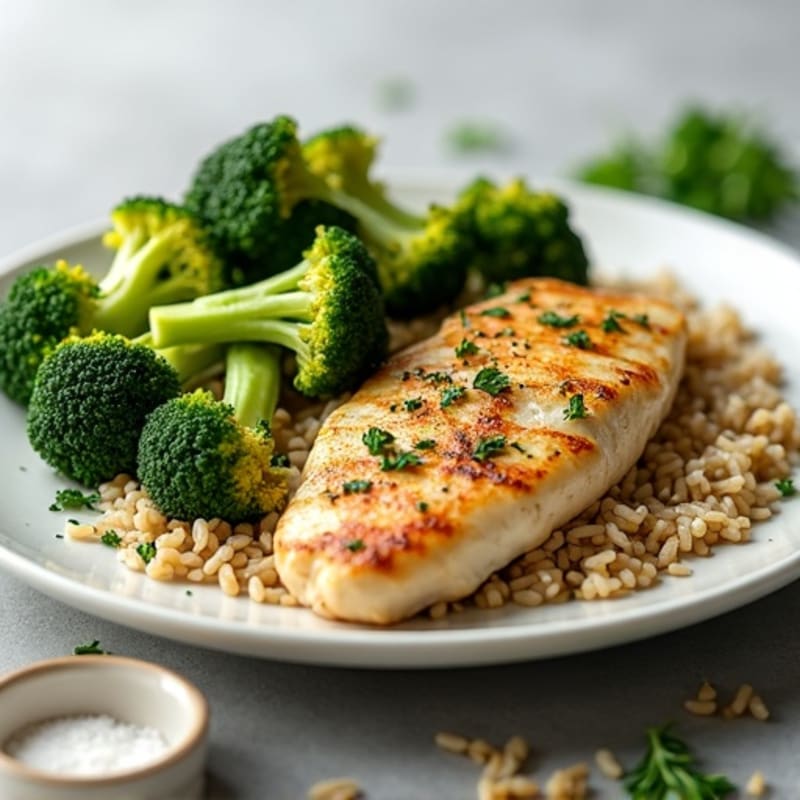 Seared Chicken Breast with Roasted Broccoli and Herbed Basmati Rice