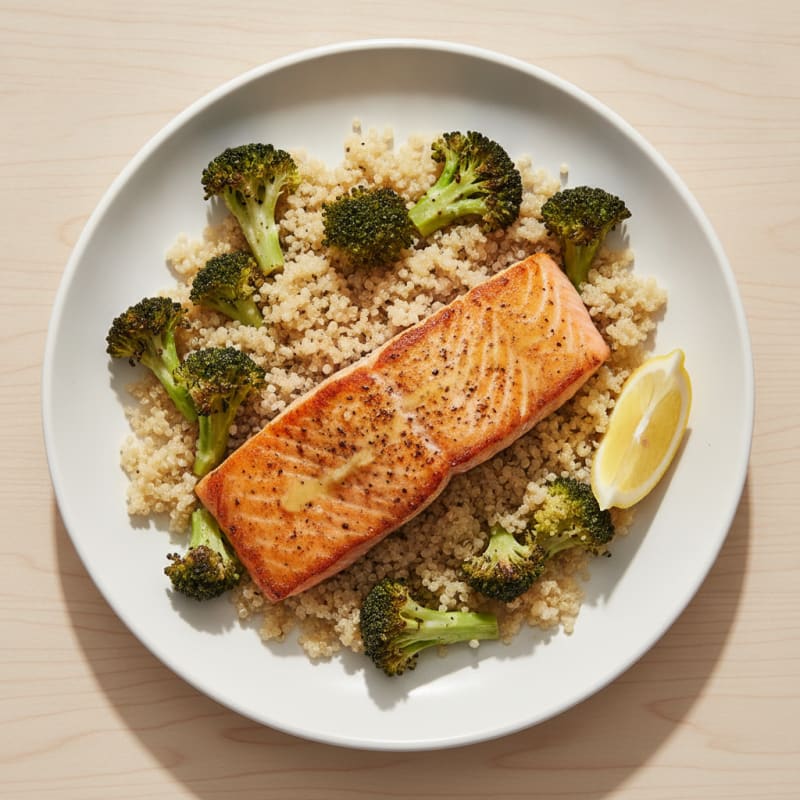 Seared Salmon Filet with Roasted Broccoli and Quinoa