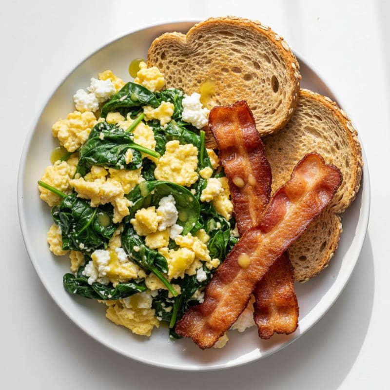 Cottage Cheese Egg Scramble with Spinach and Turkey Bacon