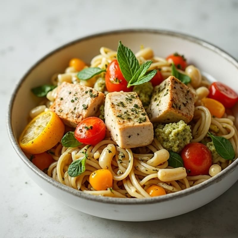 Creamy Chicken Pesto Whole Wheat Pasta with Roasted Vegetables