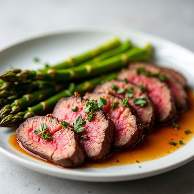 Thinly Sliced Sweet and Savory Marinated Beef with Roasted Asparagus
