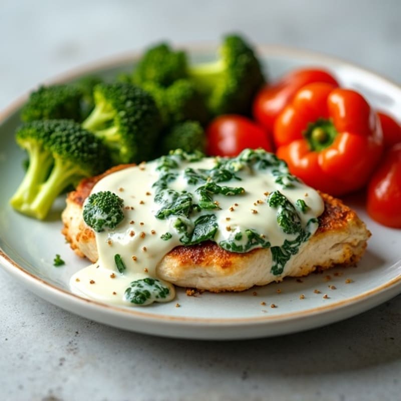 Creamy Spinach Artichoke Chicken with Roasted Veggies