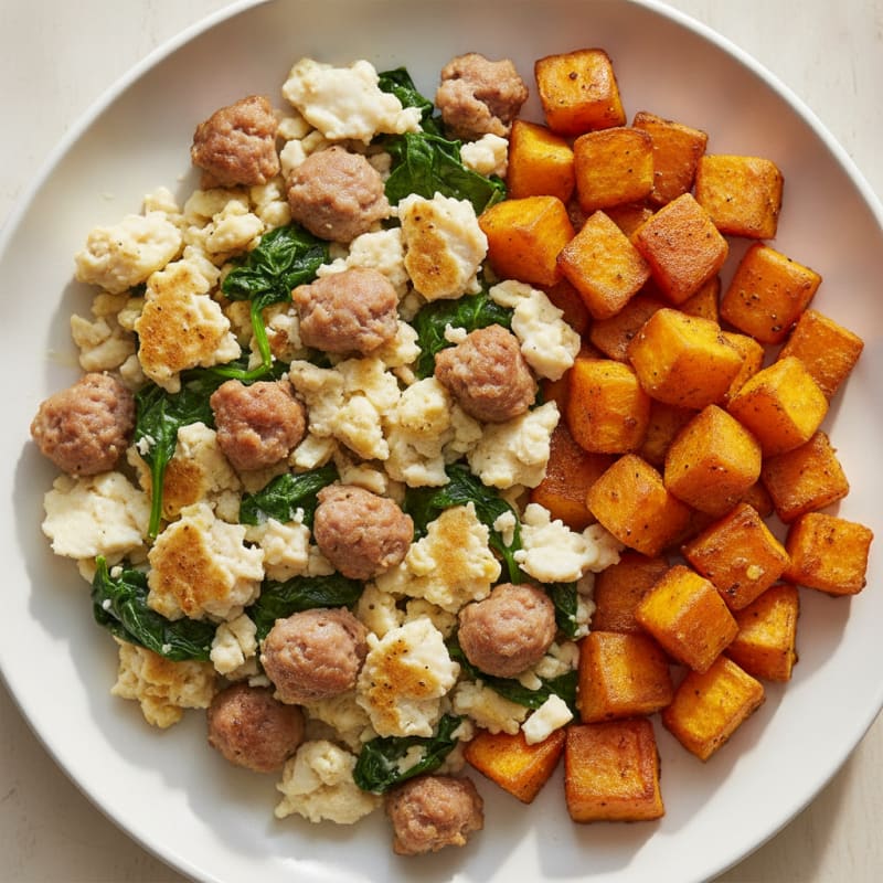 Egg White and Turkey Sausage Scramble with Spinach and Roasted Sweet Potato