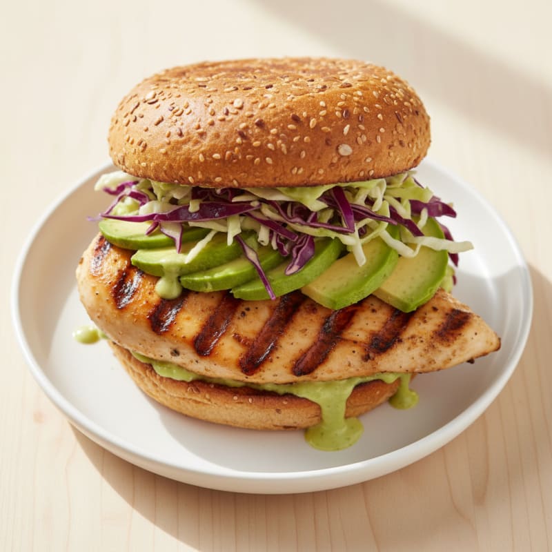 Grilled Chicken Sandwich with Avocado and Crunchy Slaw