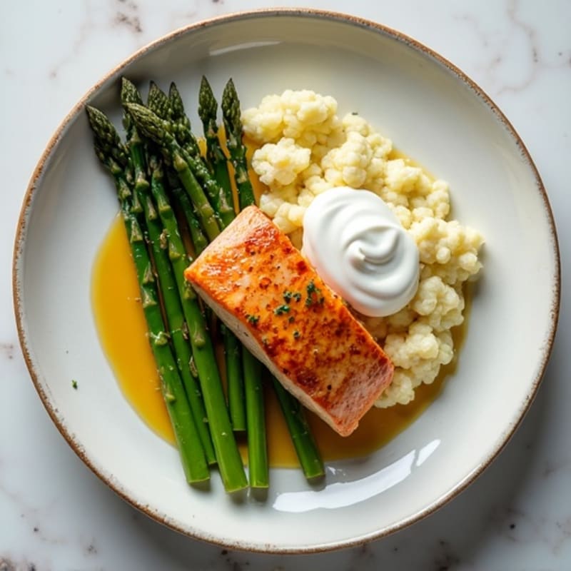 Seared Salmon with Steamed Asparagus and Cauliflower Mash