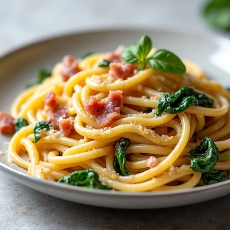 Creamy Whole Wheat Carbonara Pasta with Crispy Prosciutto and Fresh Spinach