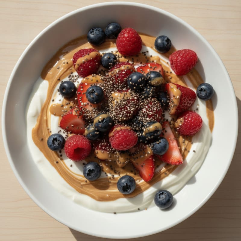 Greek Yogurt Peanut Butter Bowl with Mixed Berries and Chia Seeds