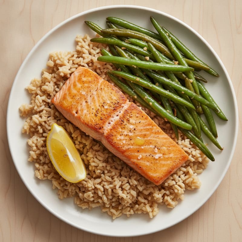 Seared Salmon Fillet with Garlic Green Beans and Brown Rice