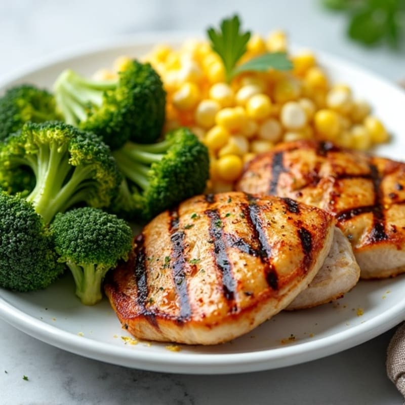 Grilled Chicken Thighs with Roasted Broccoli and Corn Salad