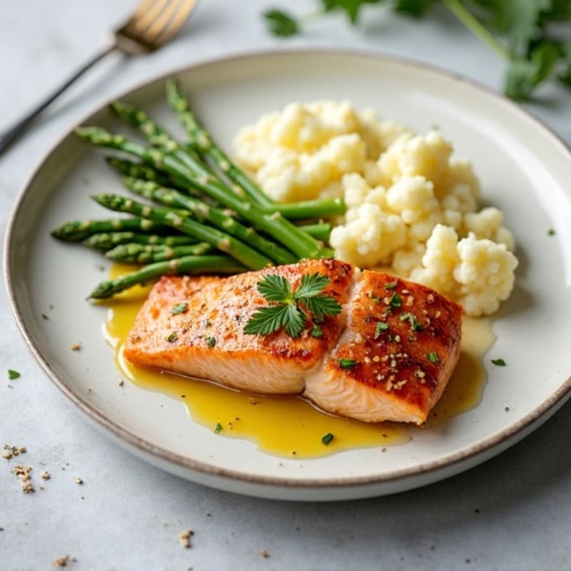 Seared Salmon with Steamed Asparagus and Mashed Cauliflower