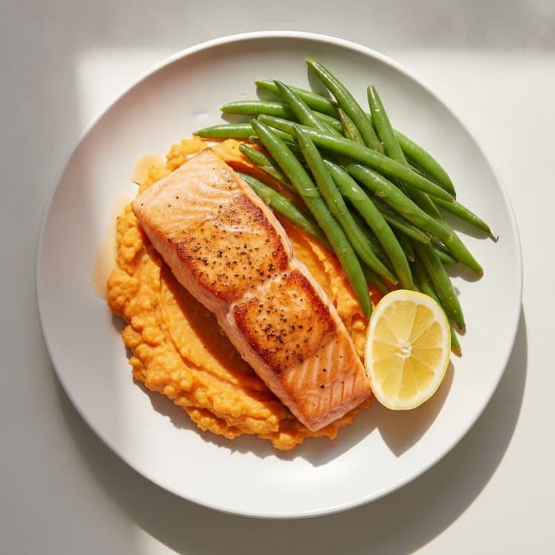 Seared Salmon with Steamed Green Beans and Sweet Potato Mash