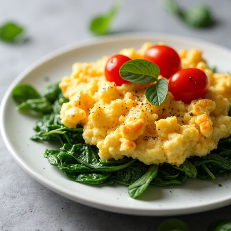 Fluffy Scrambled Eggs with Sautéed Spinach and Cherry Tomatoes