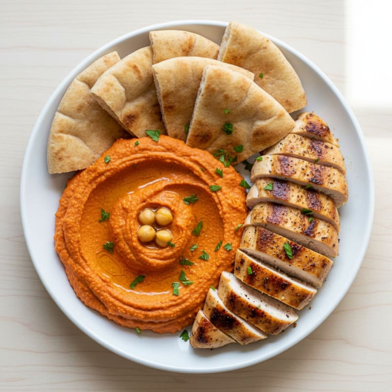 Roasted Red Pepper Hummus with Grilled Chicken and Pita