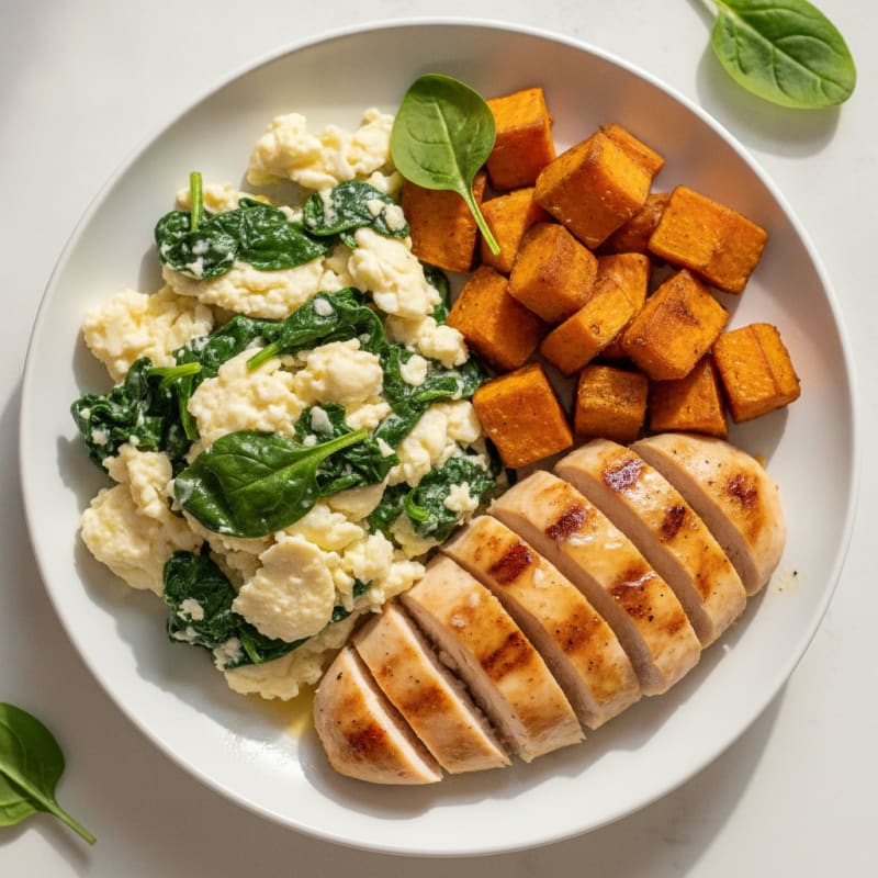 Scrambled Egg Whites with Spinach and Seared Chicken Breast