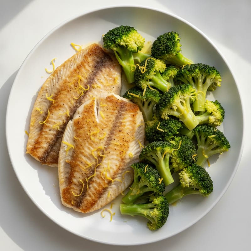 Seared Tilapia with Steamed Broccoli and Lemon Zest