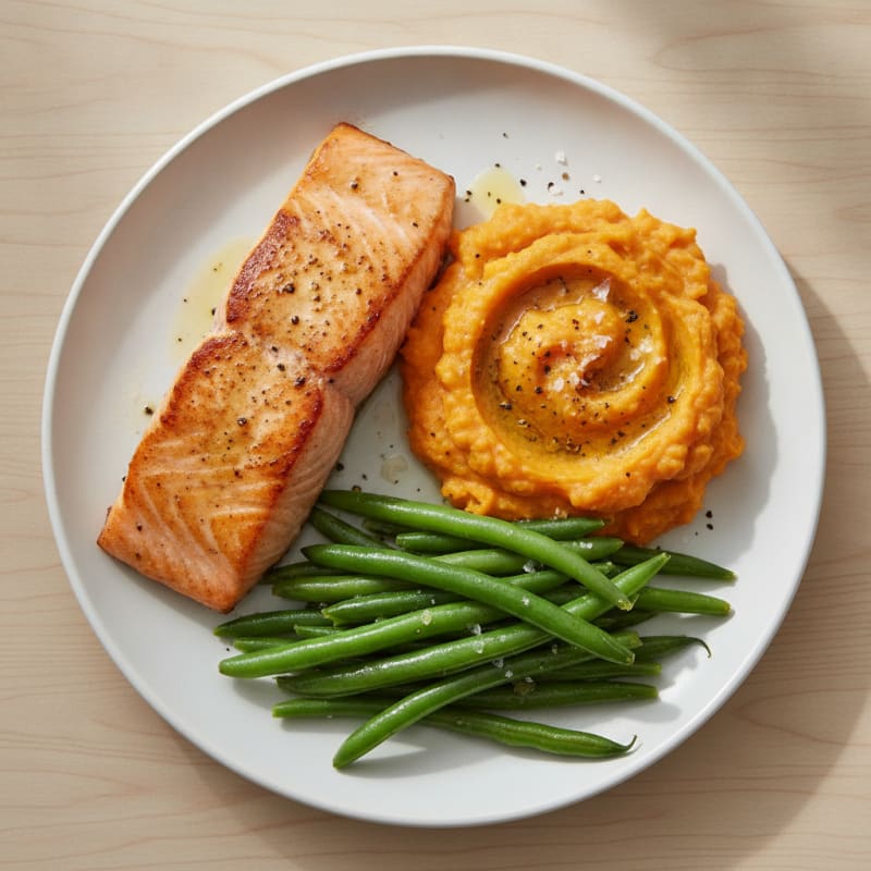 Seared Salmon with Steamed Green Beans and Sweet Potato Mash