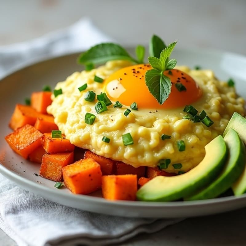 Fluffy Egg and Avocado Scramble with Roasted Sweet Potatoes