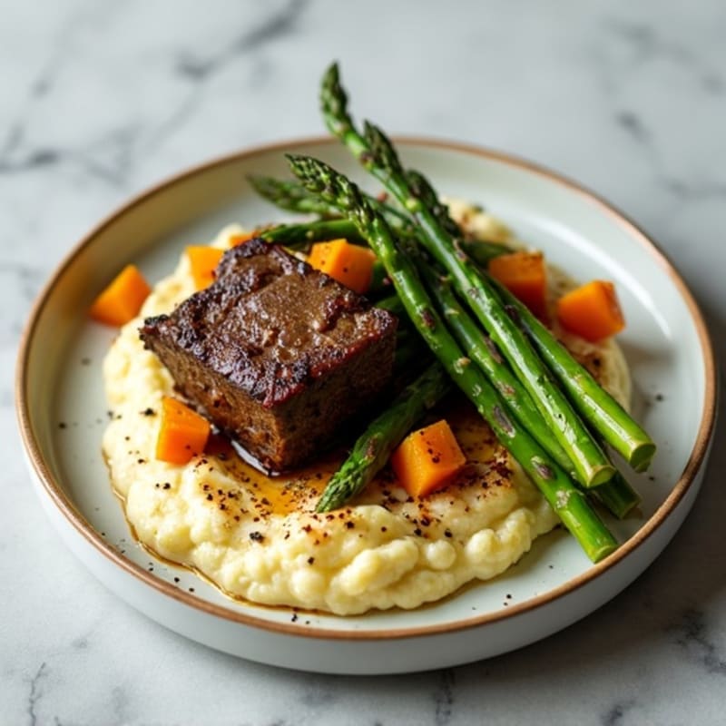 Slow-Braised Short Ribs with Creamy Cauliflower Mash and Roasted Asparagus