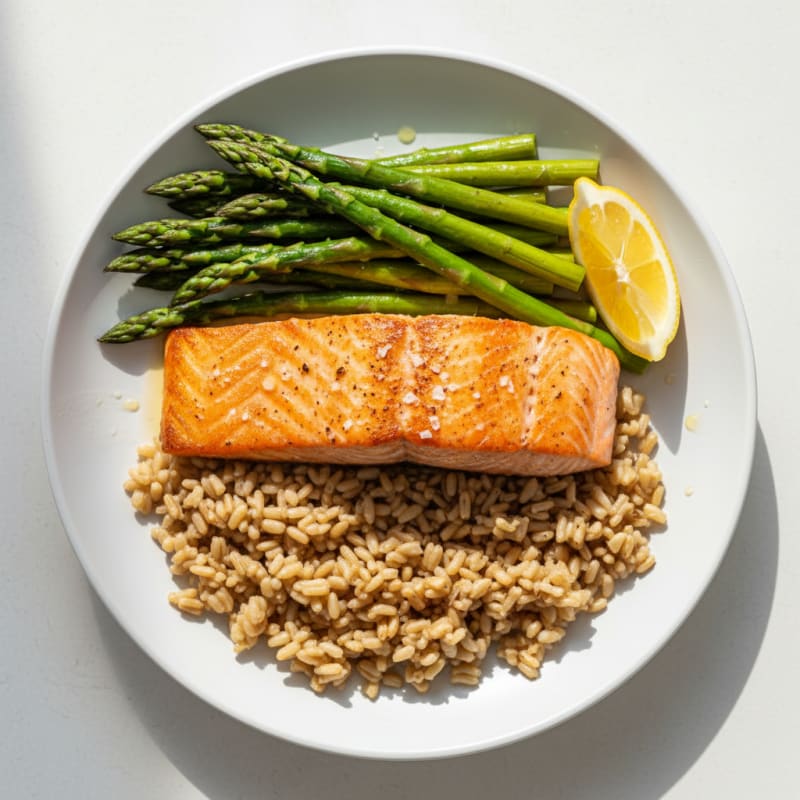 Seared Salmon with Steamed Asparagus and Brown Rice