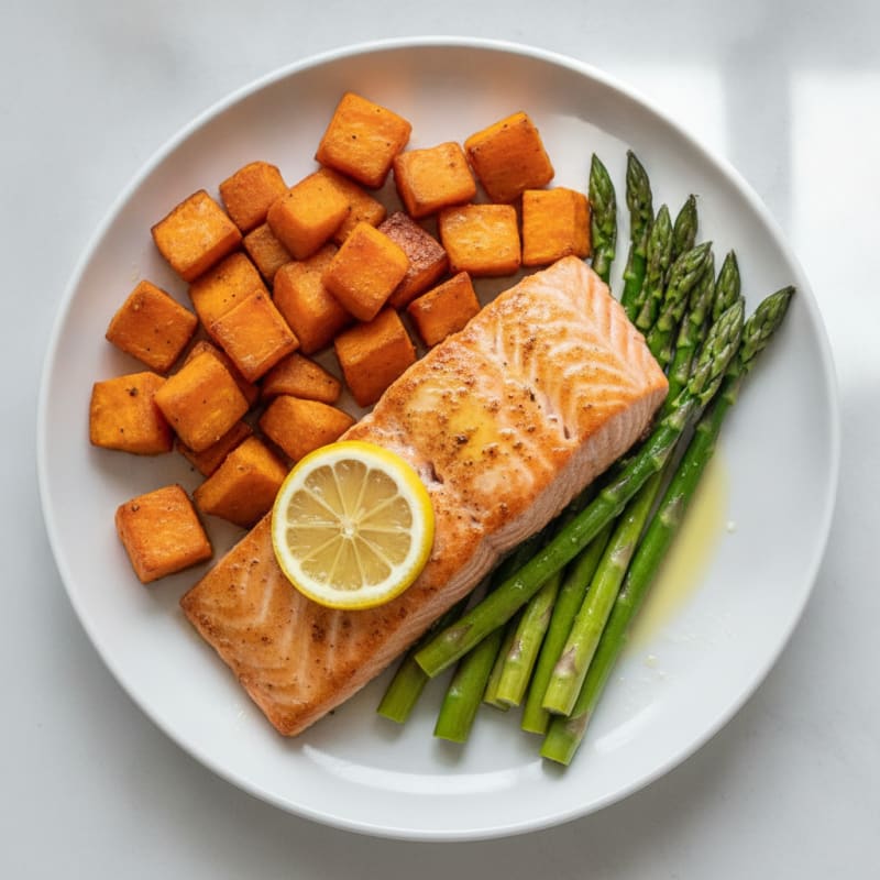 Seared Salmon Fillet with Roasted Sweet Potato and Asparagus