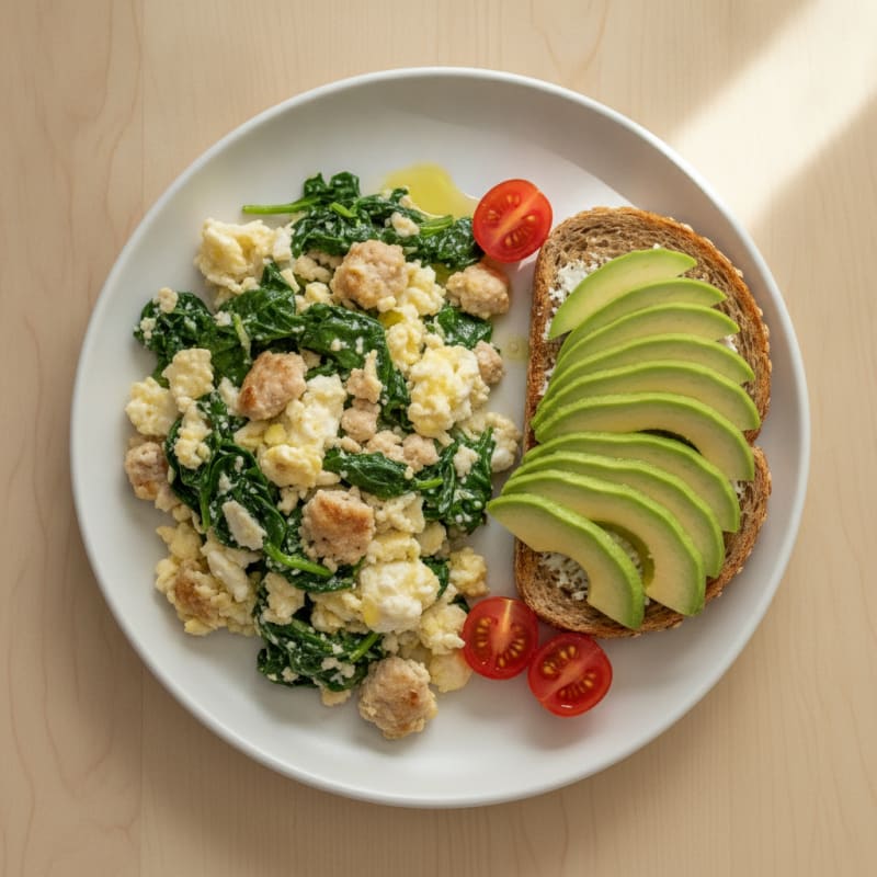 Egg White Spinach Scramble with Turkey Sausage