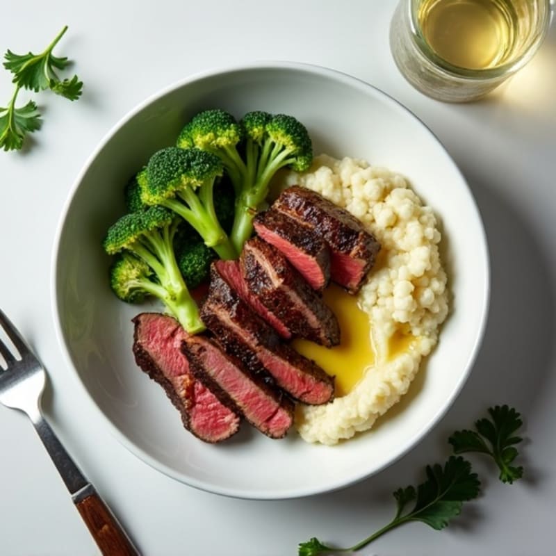 Seared Beef Strips with Steamed Broccoli and Cauliflower Mash
