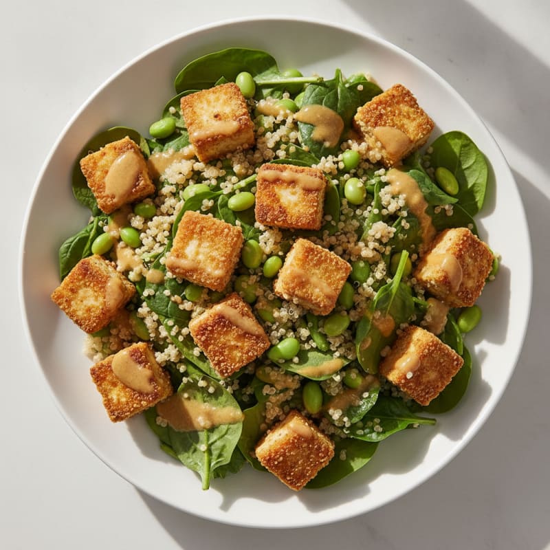 Crispy Tofu and Quinoa Power Salad with Edamame