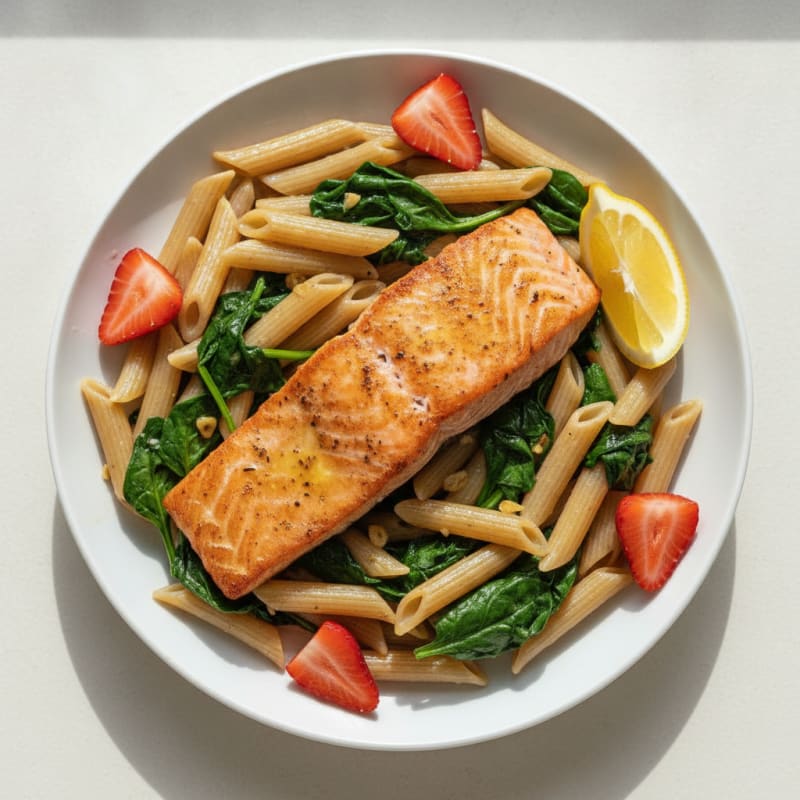 Seared Salmon with Spinach and Brown Rice Pasta