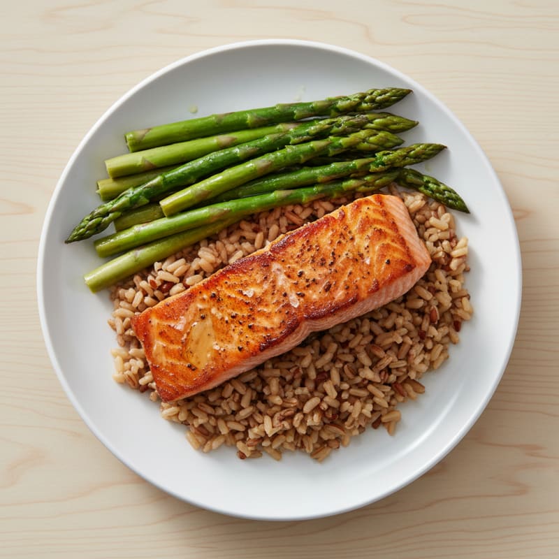 Seared Salmon with Steamed Asparagus and Brown Rice