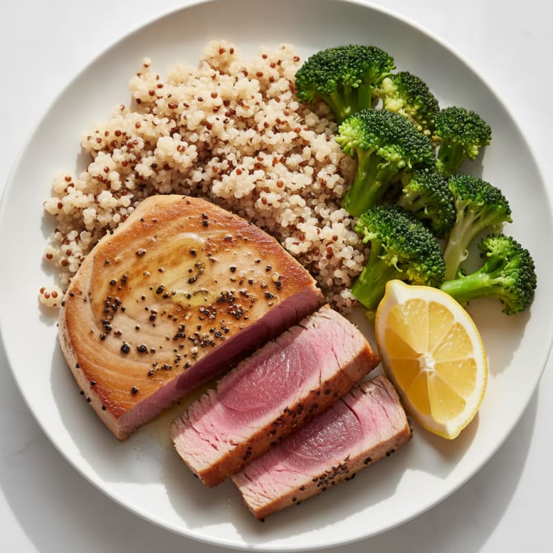 Seared Tuna Steak with Steamed Broccoli and Quinoa