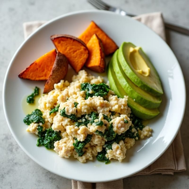 Egg White and Turkey Spinach Scramble with Roasted Sweet Potato