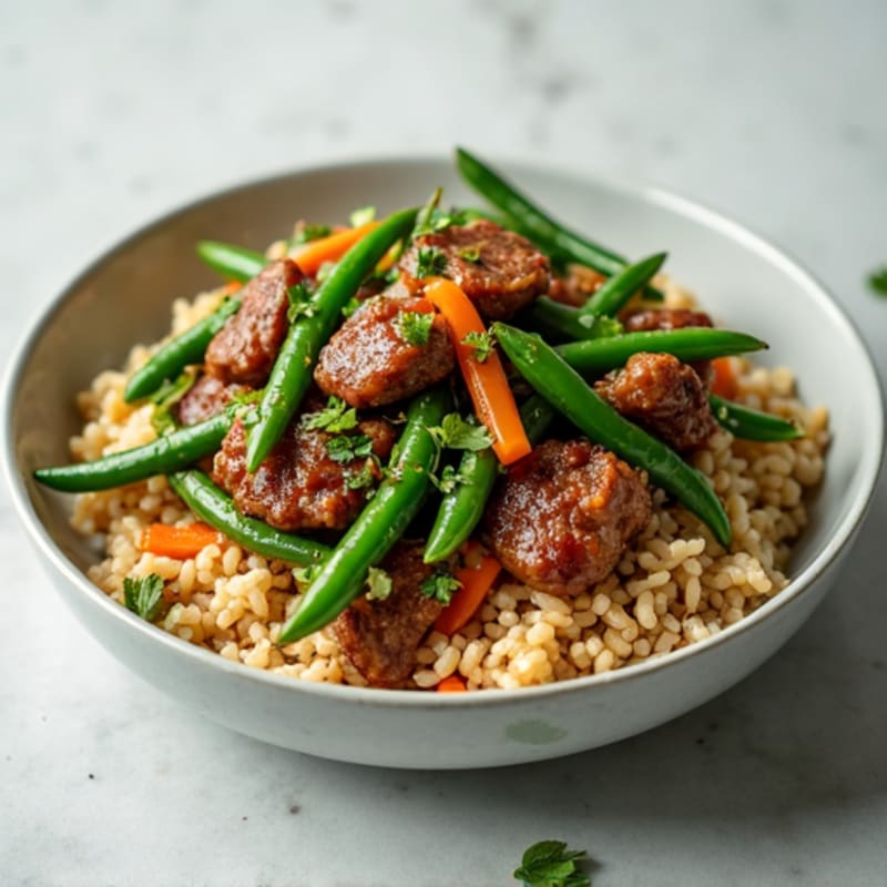 Lean Beef Stir Fry with Green Beans and Brown Rice