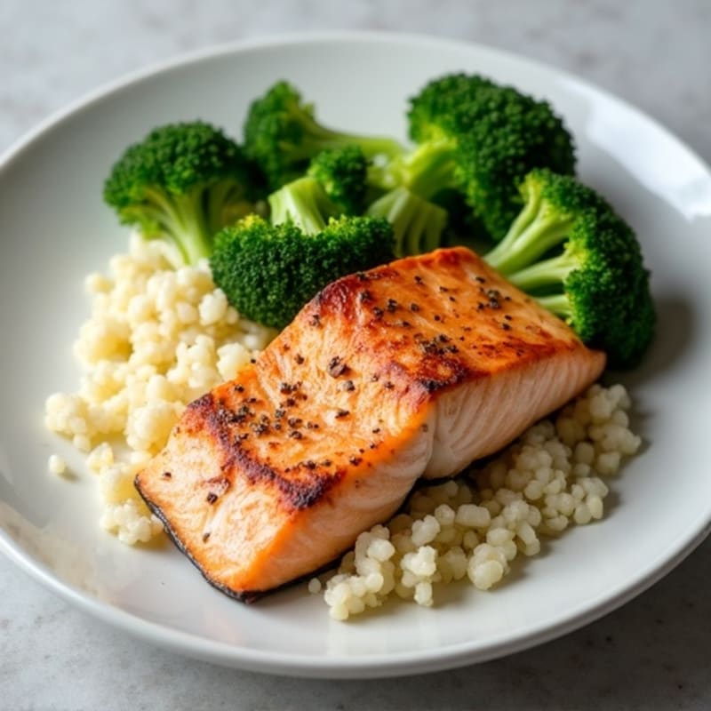 Seared Salmon with Steamed Broccoli and Cauliflower Rice