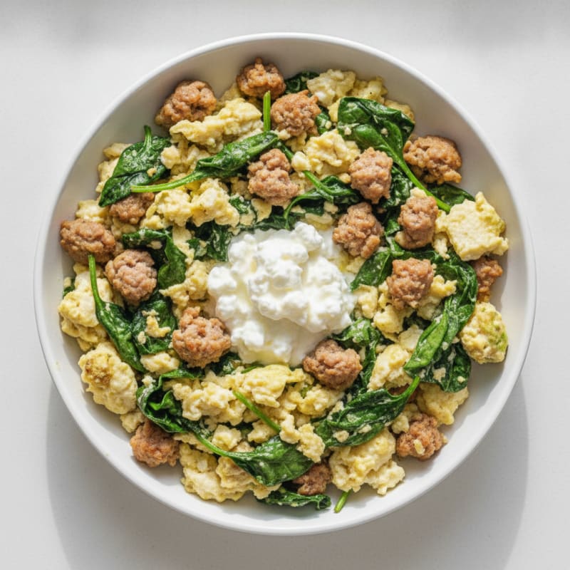 Egg White and Turkey Sausage Scramble with Spinach and Cottage Cheese