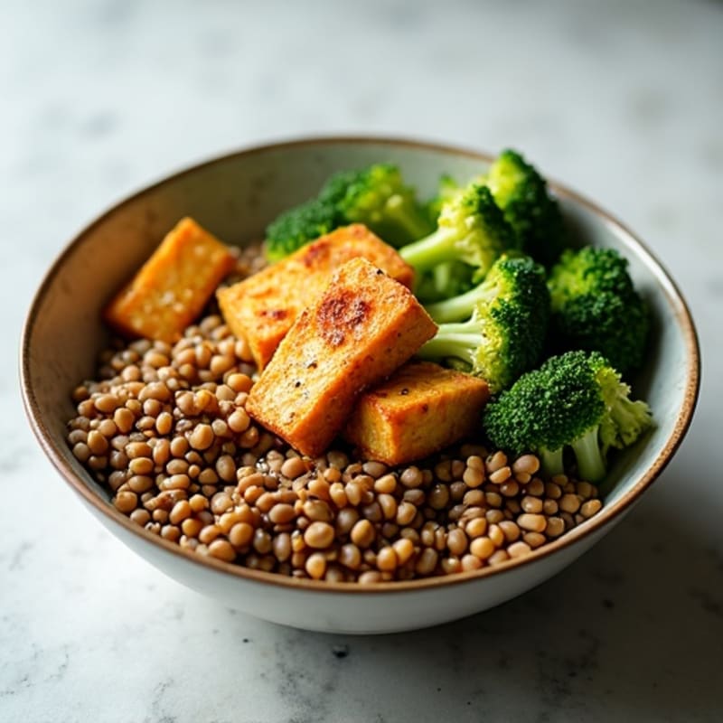 Crispy Tofu and Lentil Power Bowl with Roasted Broccoli