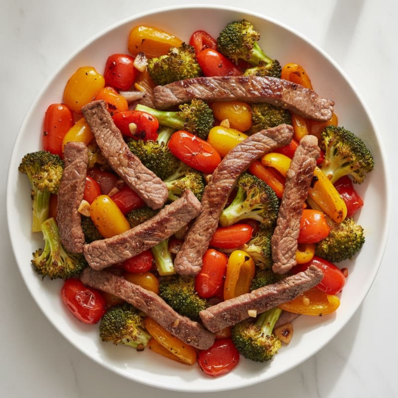 Seared Lean Beef Strips with Roasted Broccoli and Sweet Pepper Medley