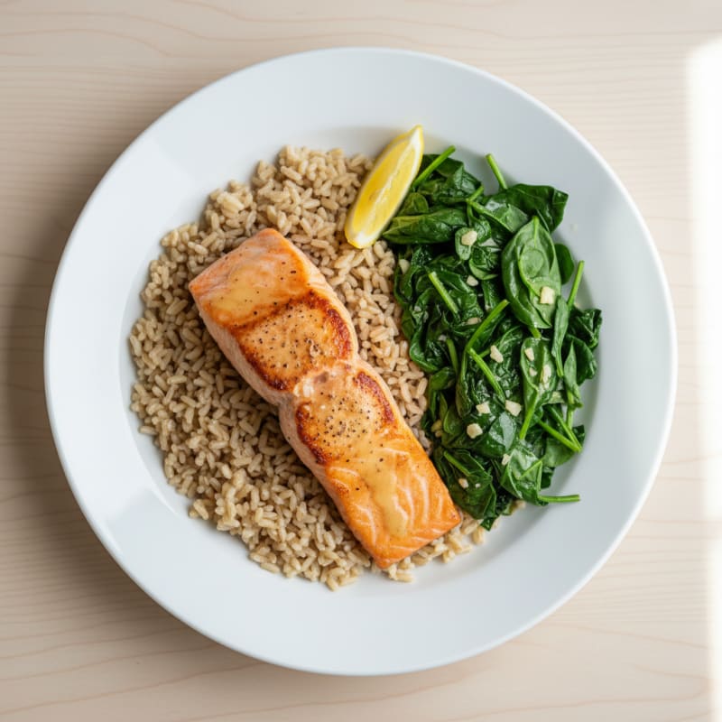 Seared Salmon Fillet with Garlic Sautéed Spinach and Brown Rice