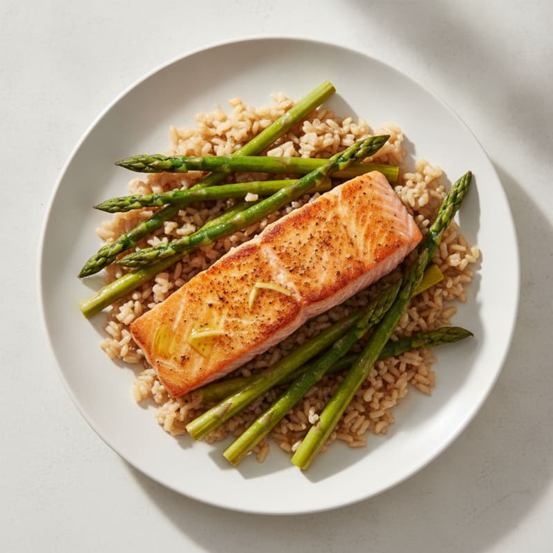 Seared Salmon with Steamed Asparagus and Brown Rice