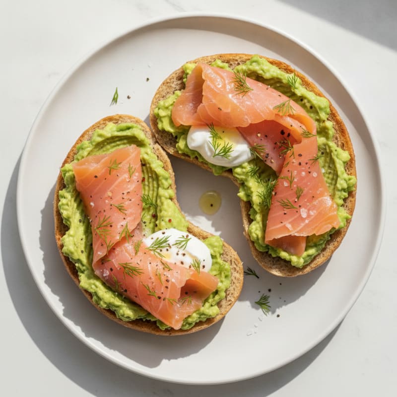 Toasted Bagel with Smashed Avocado and Smoked Salmon