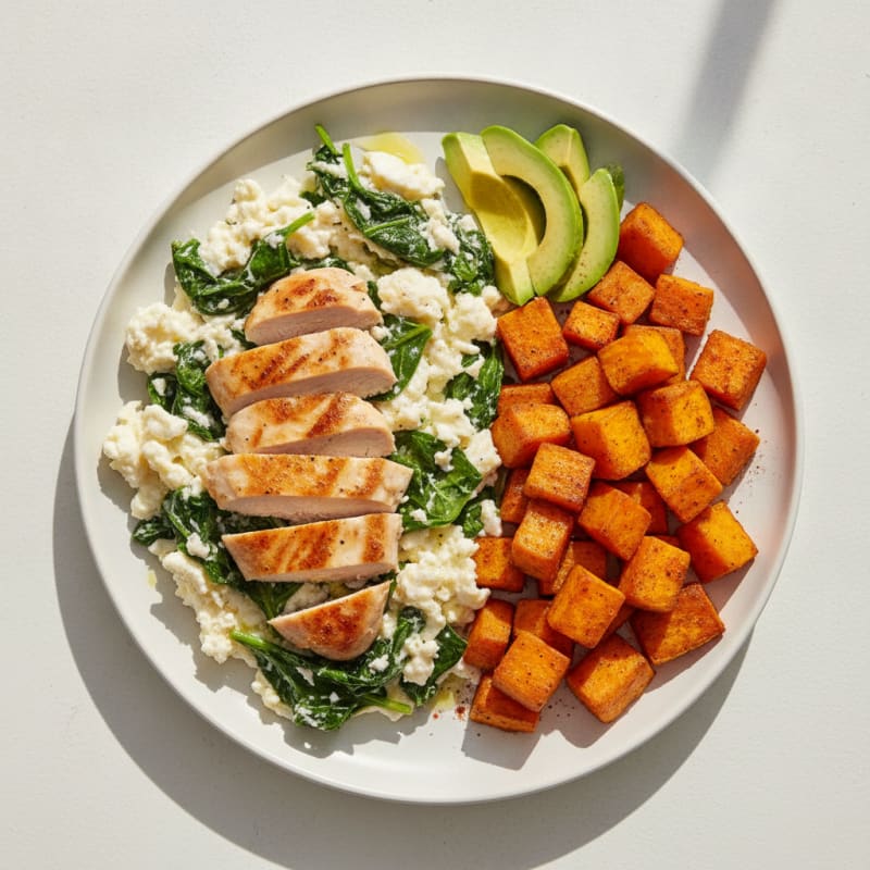 Chicken Egg White Scramble with Spinach and Roasted Sweet Potato