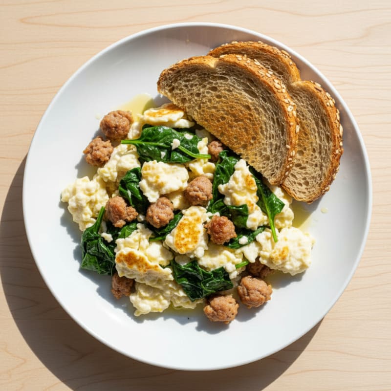Egg White and Turkey Sausage Scramble with Sautéed Spinach