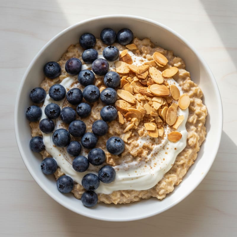 Greek Yogurt Protein Oats with Blueberries and Almonds